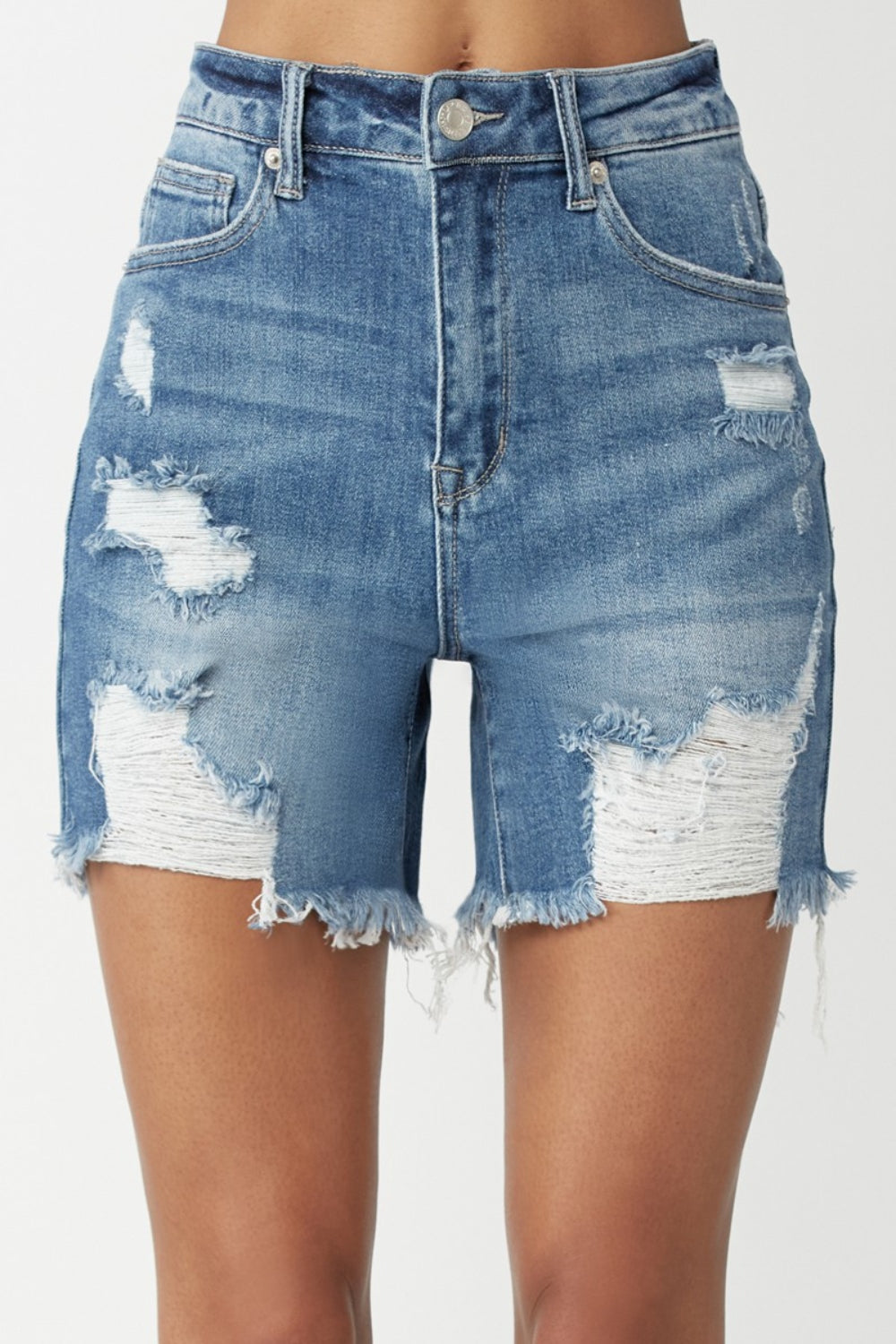 Front view of RISEN High Waisted Distressed Denim Shorts featuring a frayed hem and ripped detailing for an edgy summer look.