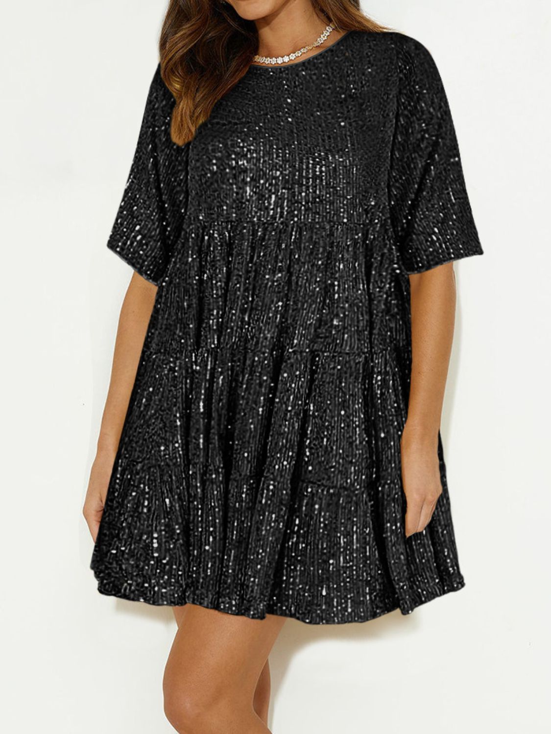 Sequin Round Neck Half Sleeve Mini Dress