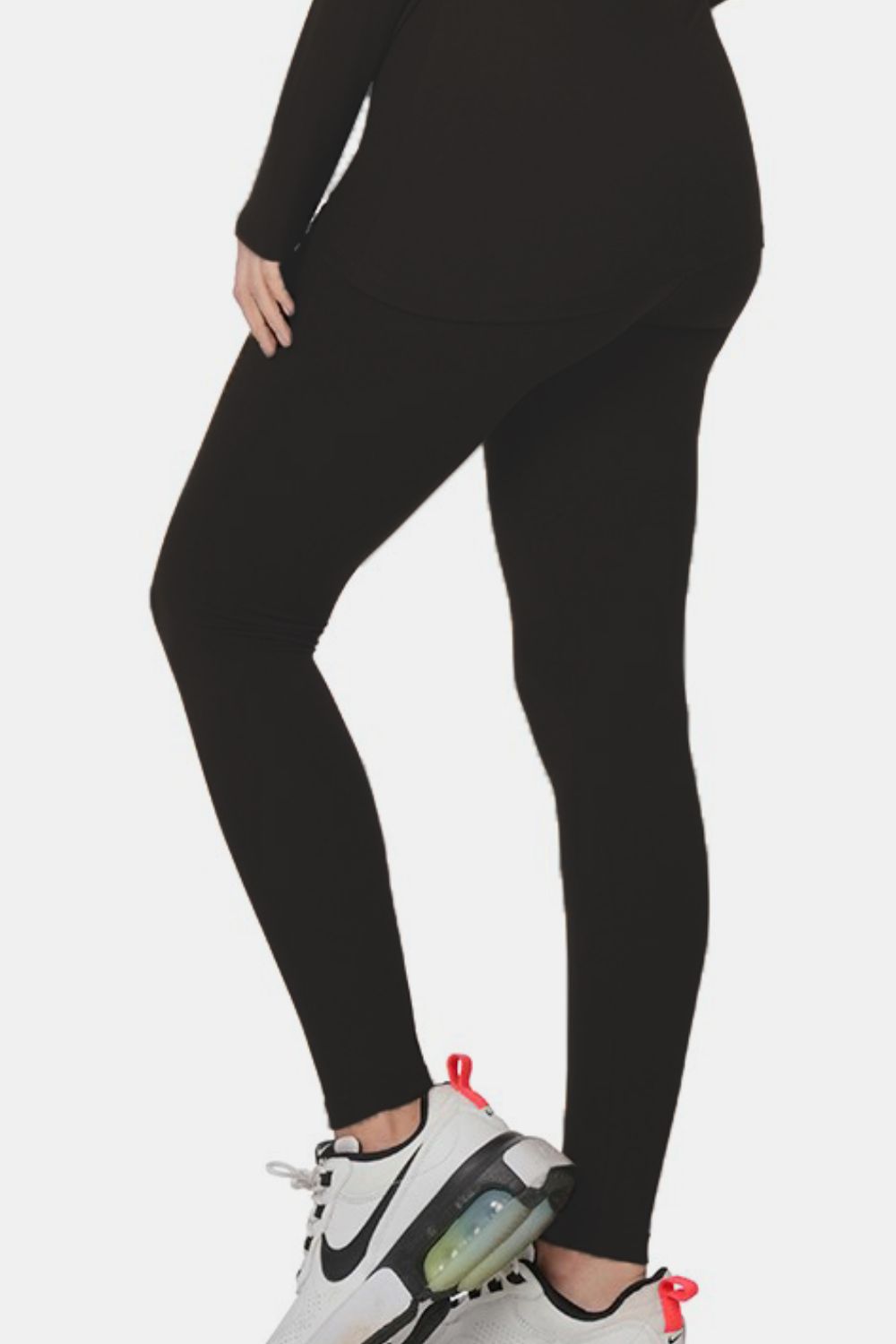 Close-up of Zenana black leggings from the lounge set, highlighting the stretchy fabric and ankle-length design.