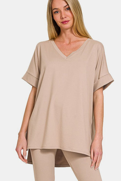 Close-up of Zenana lounge set highlighting the beige V-neck rolled short sleeve t-shirt paired with comfortable leggings.