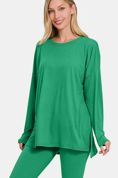 Close-up of Zenana brushed microfiber lounge set in green, highlighting the soft long-sleeve top with side slits and matching leggings. Ideal for comfort and style.