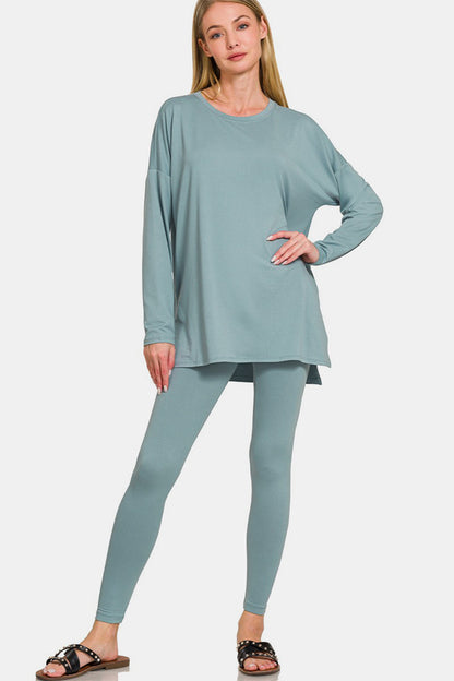 Zenana full-size brushed microfiber lounge set in light blue, featuring a relaxed-fit top and stretchy leggings for comfort and style.