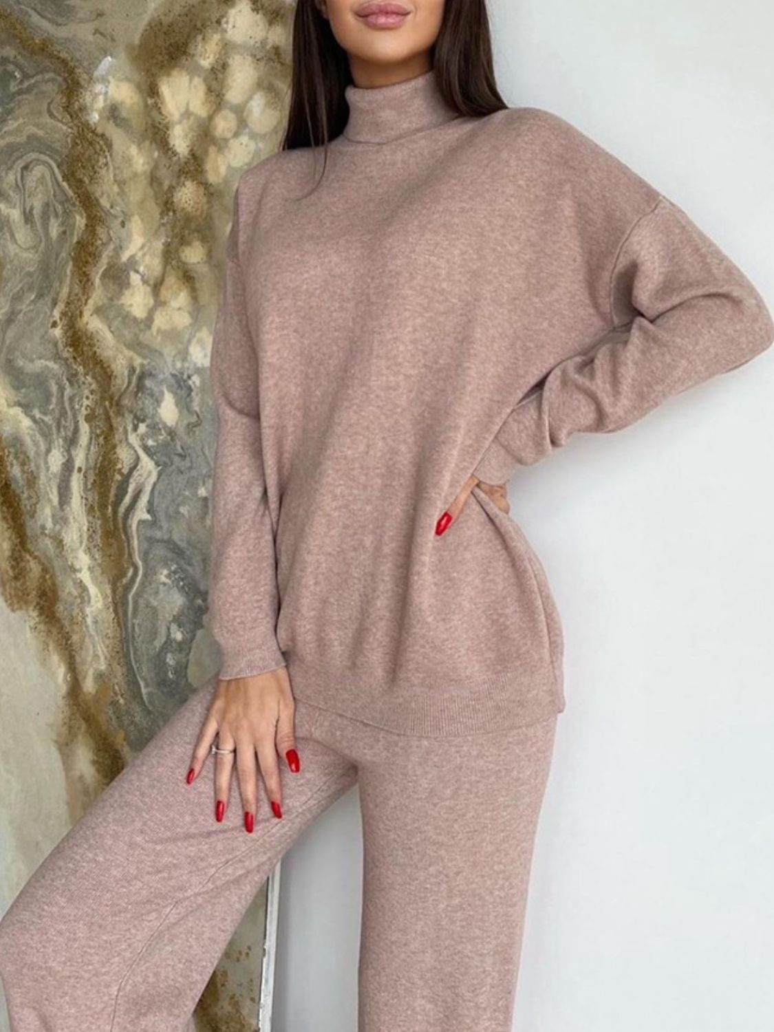 Turtleneck Long Sleeve Top and Drawstring Pants Sweater Set