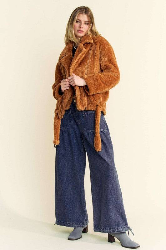 Full-length view of the Davi & Dani fuzzy jacket in brown, styled with wide-leg denim and ankle boots for a cozy outfit.