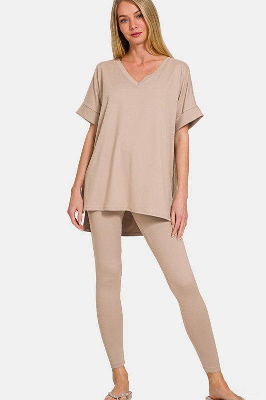 Zenana full-size lounge set featuring a beige V-neck rolled short sleeve t-shirt and matching leggings, perfect for casual wear.