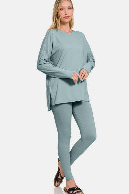 Light blue Zenana brushed microfiber lounge set with a loose-fit top and form-fitting leggings, perfect for cozy and stylish lounging.