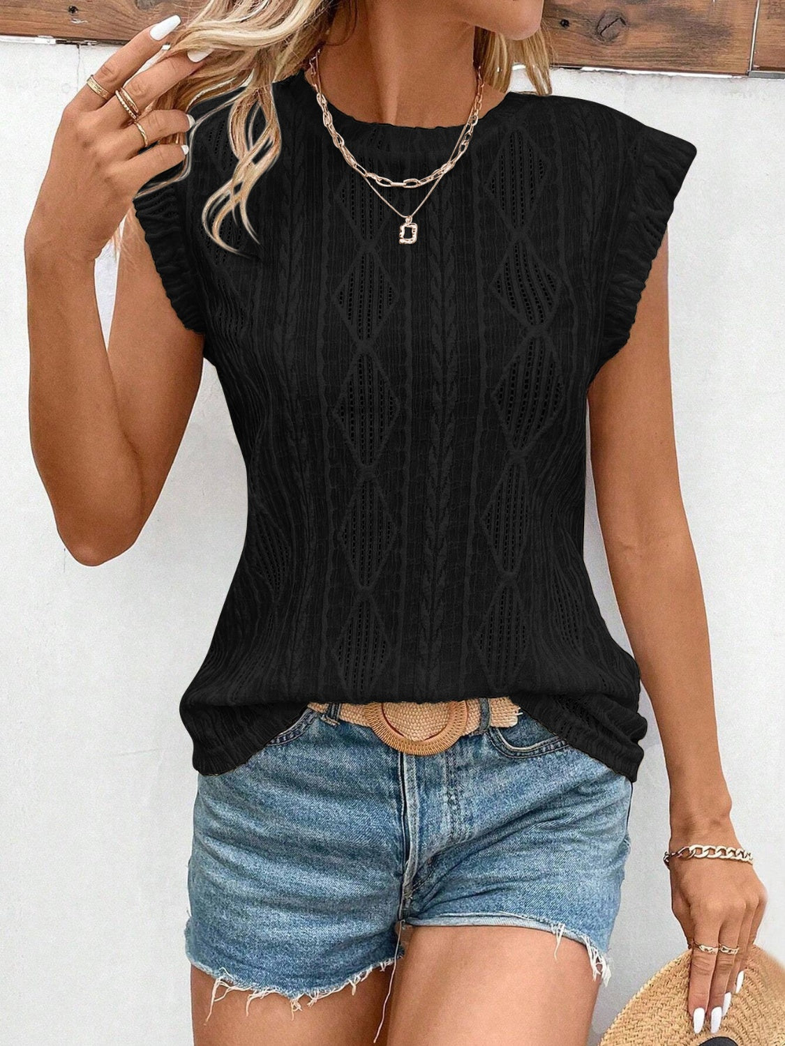 Openwork Round Neck Cap Sleeve Top