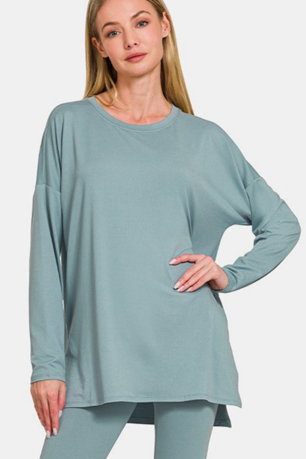 Close-up of Zenana brushed microfiber lounge set in light blue, showcasing the relaxed-fit top paired with matching leggings.