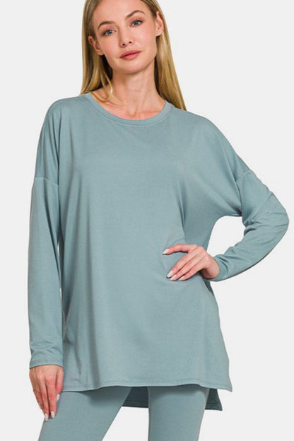 Close-up of Zenana brushed microfiber lounge set in light blue, showcasing the relaxed-fit top paired with matching leggings.