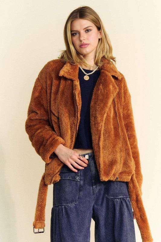 Davi & Dani fuzzy jacket in brown with a collared neck and zip-up front, paired with wide-leg denim for a casual look.