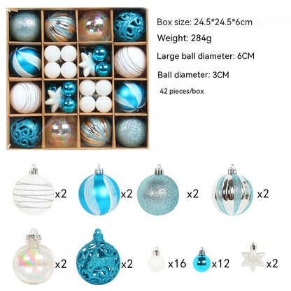 Set di palline di Natale blu e bianche con dettagli glitterati, 42 pezzi in scatola da 24,5x24,5x6 cm, peso 284g.