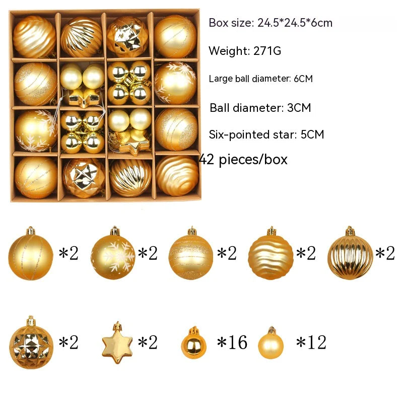 Set di palline di Natale dorate con stelle e dettagli glitterati, 42 pezzi in scatola da 24,5x24,5x6 cm, peso 271g.