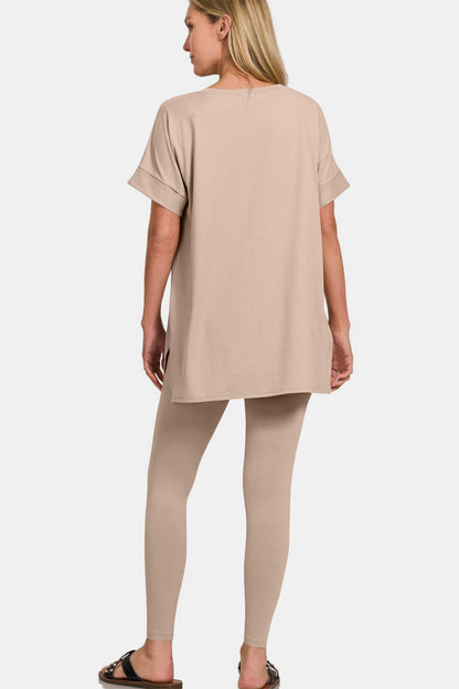 Back view of Zenana full-size lounge set in beige, showcasing the relaxed fit of the V-neck t-shirt and matching leggings.