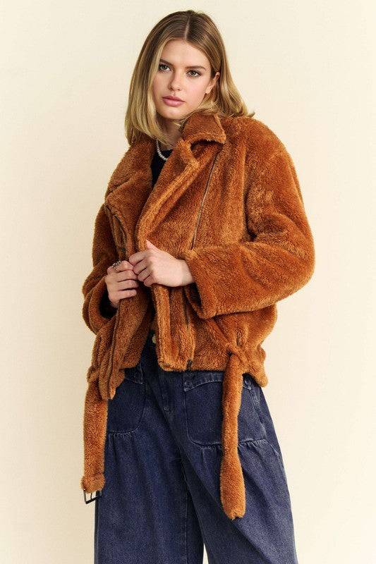 Davi & Dani fuzzy zip-up jacket in brown with a belted waist and collared neck, styled with wide-leg denim pants.