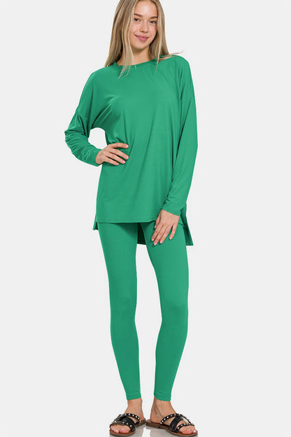 Zenana full-size brushed microfiber lounge set in green, featuring a loose-fit top with side slits and matching leggings. Comfortable and stylish for casual wear.