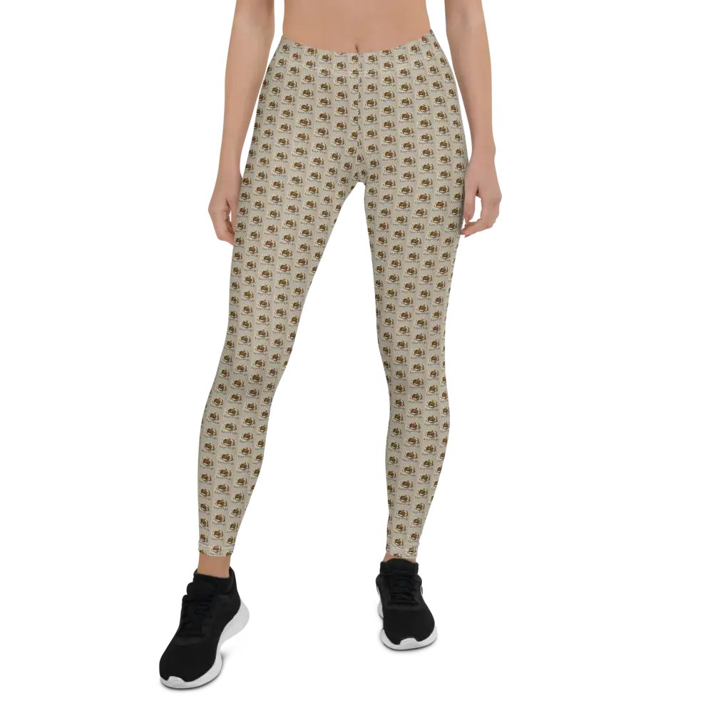 Leggings a stampa integrale con motivo geometrico su sfondo chiaro, ideali per attività sportive e casual.