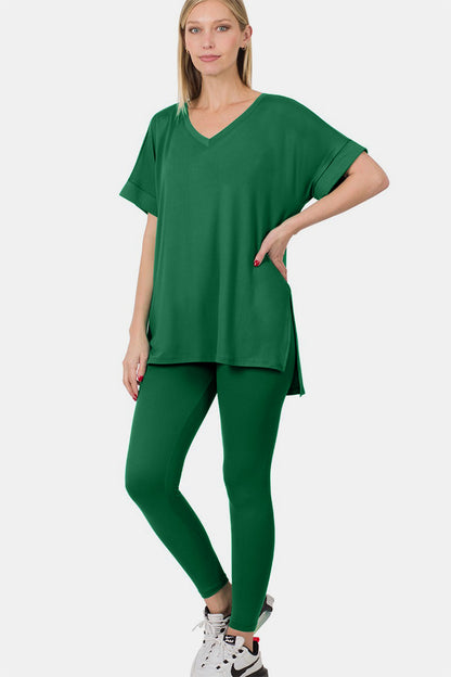 Front view of Zenana V-neck rolled short sleeve t-shirt and leggings lounge set in green, highlighting the casual design and comfortable fit.