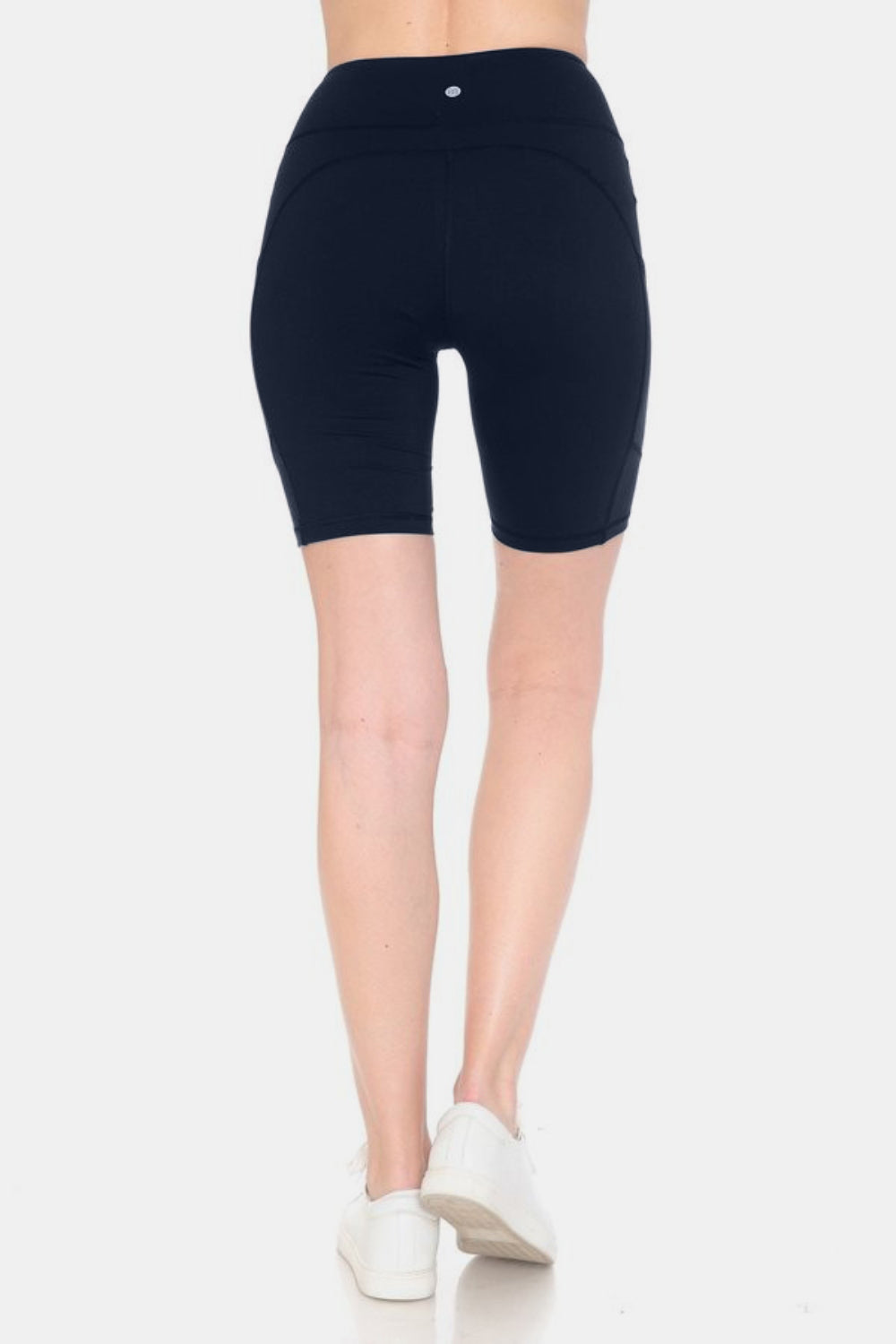 Back view of Leggings Depot full-size high waist active shorts in black, showcasing a secure fit and sleek design for active wear.