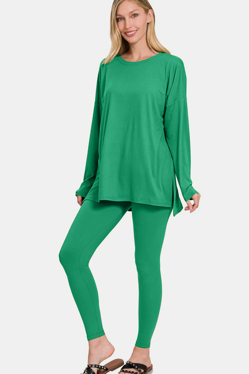 Zenana brushed microfiber lounge set in green, showcasing a relaxed-fit long-sleeve top and coordinating leggings. Perfect for cozy and versatile loungewear.