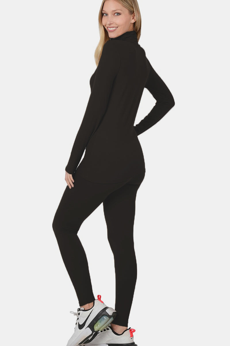 Back view of Zenana full-size turtleneck top and leggings lounge set in black, showcasing a sleek and comfortable fit.