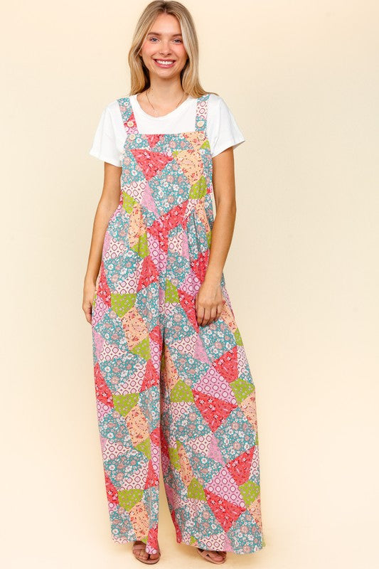 Haptics full-size printed wide-leg overalls with a multicolor patchwork pattern, relaxed fit, and functional side pockets.