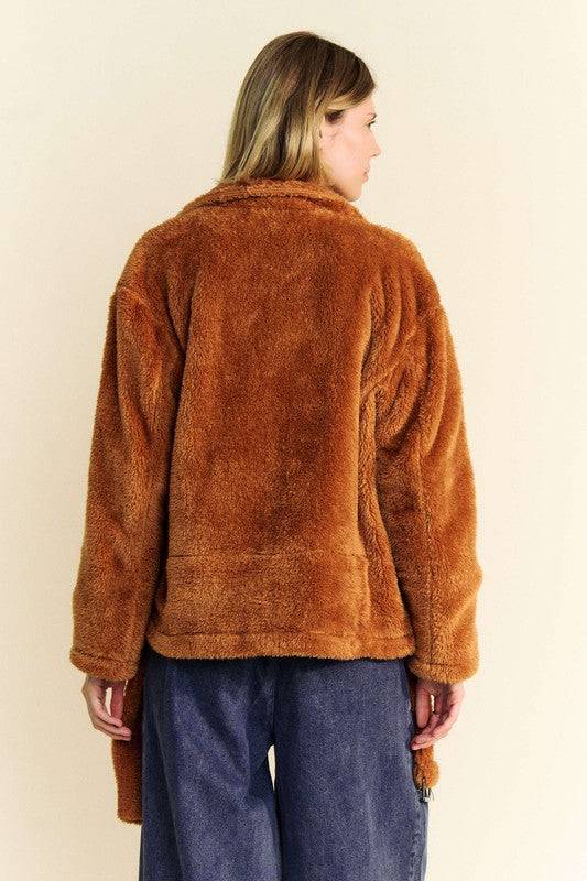 Back view of the Davi & Dani fuzzy jacket in brown, showcasing its plush texture and relaxed fit. Perfect for chilly weather.