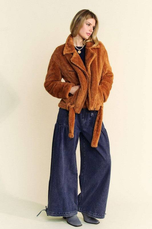 Davi & Dani fuzzy jacket in brown with a belted waist and collared neck, styled with wide-leg denim for a chic, cozy outfit.