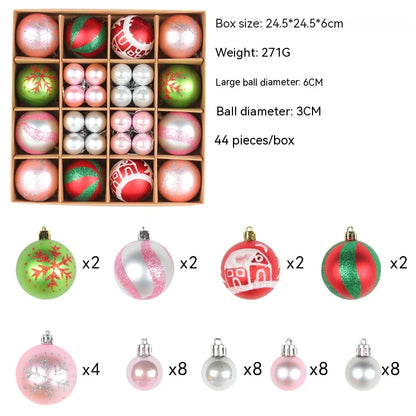 Set di palline di Natale verdi, rosse e rosa con dettagli glitterati, 44 pezzi in scatola da 24,5x24,5x6 cm, peso 271g.