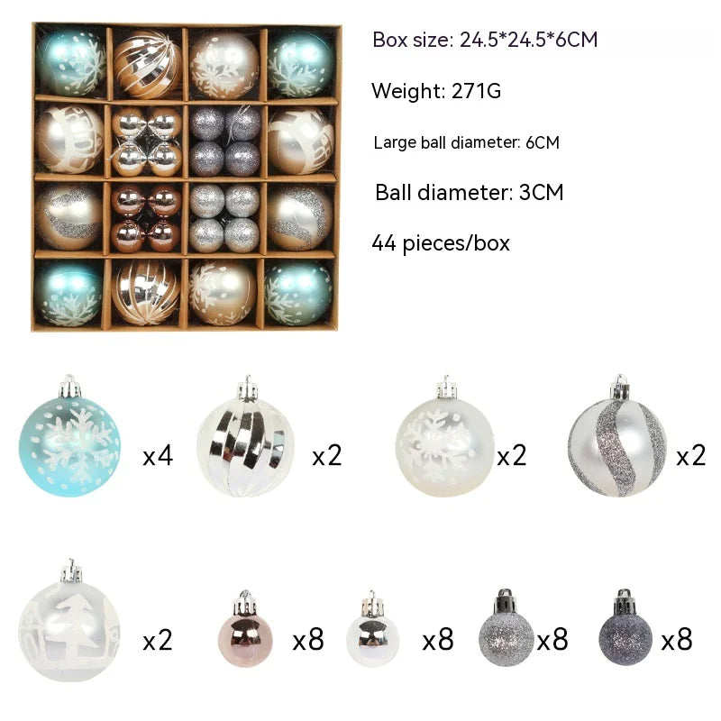 Set di palline di Natale colorate in argento e blu con dettagli lucidi, 42 pezzi in scatola da 24,5x24,5x6 cm, peso 284g.