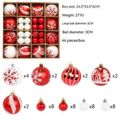 Set di palline di Natale rosse e bianche con motivi natalizi, 44 pezzi in scatola da 24,5x24,5x6 cm, peso 271g.