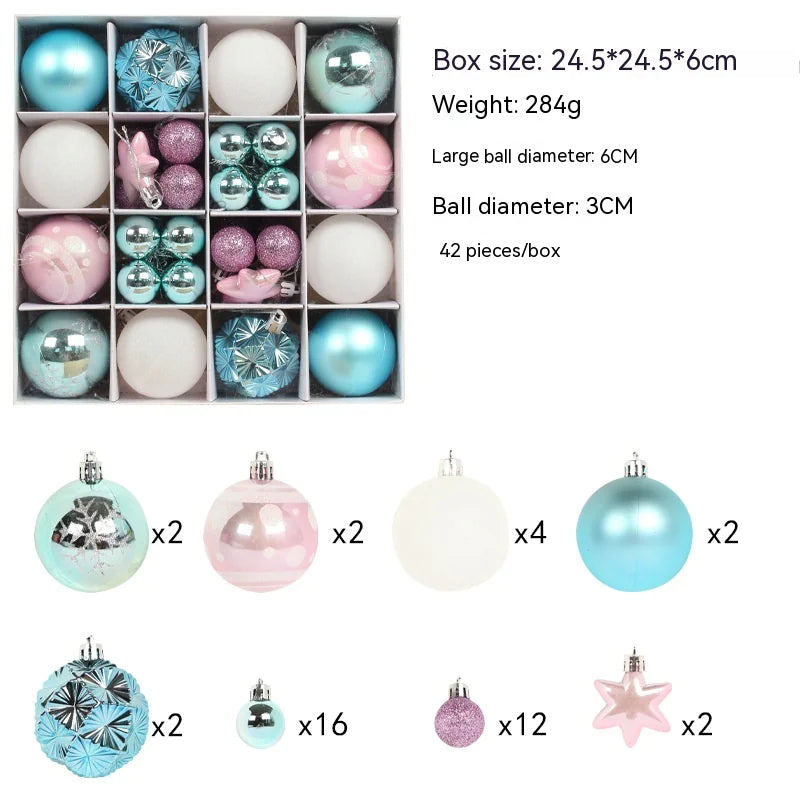 Set di palline di Natale rosa e azzurre con dettagli glitterati, 42 pezzi in scatola da 24,5x24,5x6 cm, peso 284g.